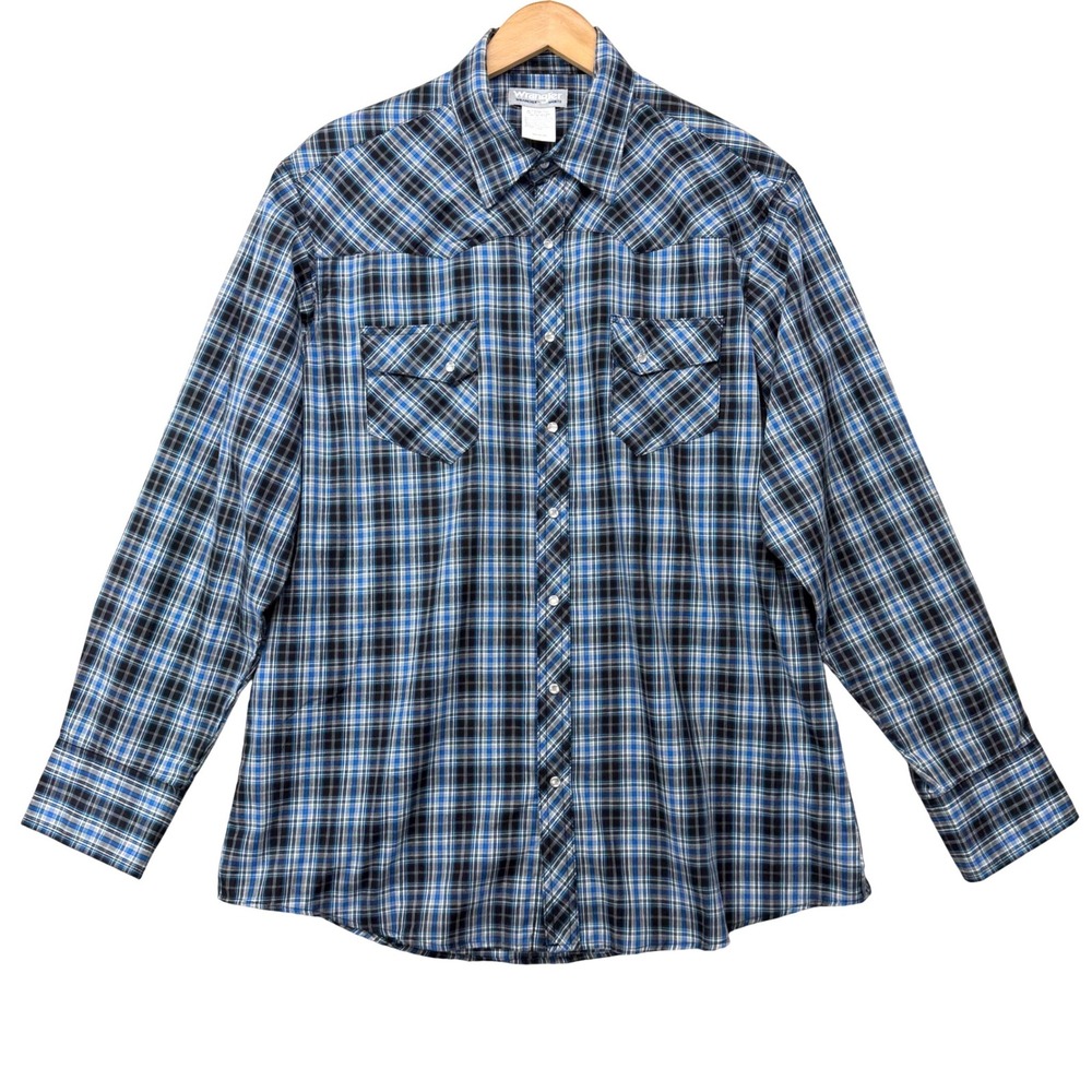 Wrangler Wrancher Mens XLT Blue Plaid Western Snap Long Sleeve Shirt MTW1234